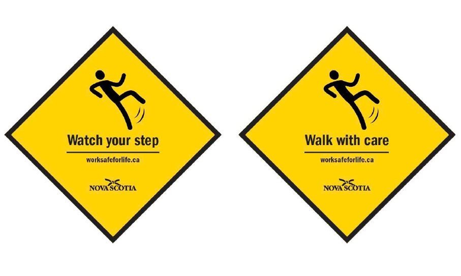 Slips, Trips and Falls door decals that read: Watch your step and Walk with care