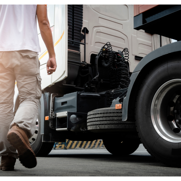 A person walking towards a parked truck.